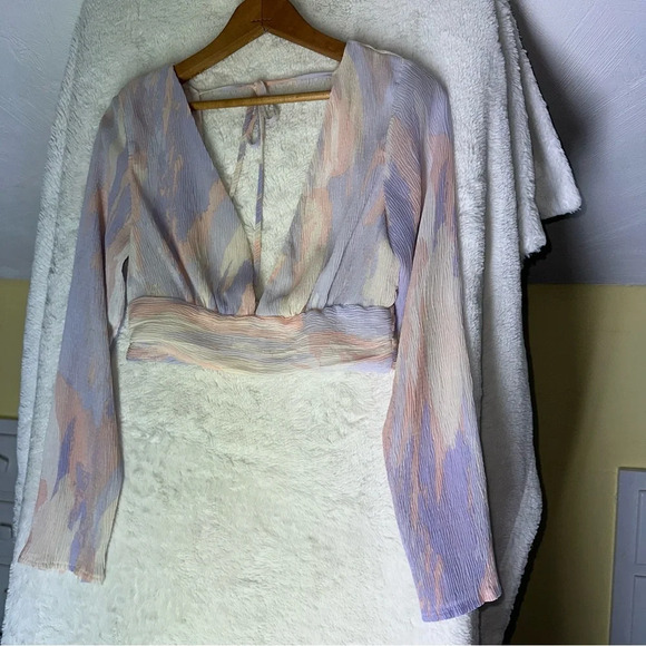 Storia Pastel Crepe Cropped Top Whimsy V-neck Lightweight Long Sleeve Blouse S - Picture 10 of 14